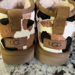 UGG Cow Print Mini Boots - Brown, Black, and White sz 9 Like New!